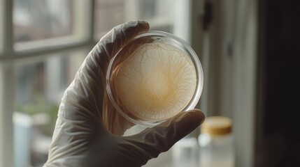 Wall Mural - a gloved hand delicately holds a petri dish filled with intriguing lab cultures, illuminated by natu