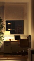 Wall Mural - A clean, organized home office space with a desk, chair, and laptop, illuminated by soft ambient light