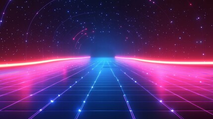Abstract blue digital background with glowing light and binary code on a grid floor, technology concept vector illustration design.