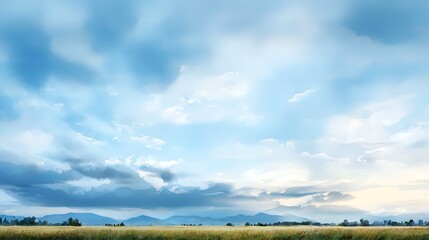 Wall Mural - a calm rural area at sunrise with Asperitas clouds creating drama against the soft blue sky