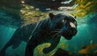 animals under water, among bioluminescent plants