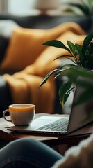 Wall Mural - A remote worker sitting at a cozy desk in their home office, with a laptop, a cup of tea, and a plant nearby