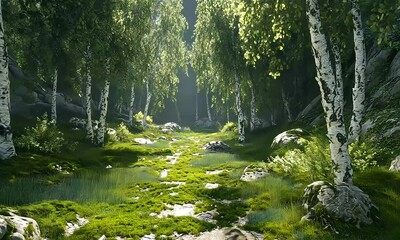 Wall Mural - Serene forest pathway illuminated by gentle sunlight filtering through lush green birch trees and vibrant grass creating a peaceful natural landscape to explore and rejuvenate the spirit.