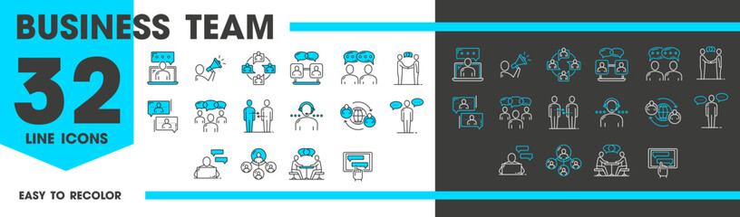 Poster - Business team chat messenger, support communication and messages, vector line icons. Corporate messenger or online assistant chat and business team work dialogue and computer talk communication