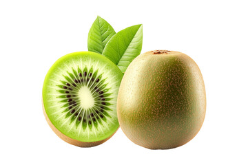 Whole and halved kiwi fruits with vibrant green flesh and brown fuzzy skin, isolated on white transparent background. Concept of tropical fruit freshness