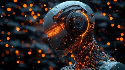 Futuristic humanoid robot with glowing circuitry and a sleek design set against a backdrop of shimmering lights