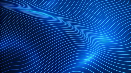 Poster - Smooth wave lines on a blue neon color light background. Glowing abstract wave on dark, shiny motion, magic space light, futuristic design, digital flow, vibrant curve, electric energy effect