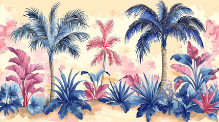 Sticker - Watercolor Tropical Paradise: Palm Trees, Pink and Blue Flowers, Exotic Plants