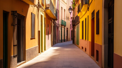 Wall Mural - Sunlit narrow street, vibrant buildings, shadows, Spanish city, travel photography