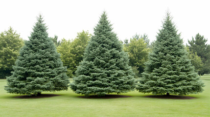 Three conifer trees on a green lawn, lush trees in background, ideal for landscaping design