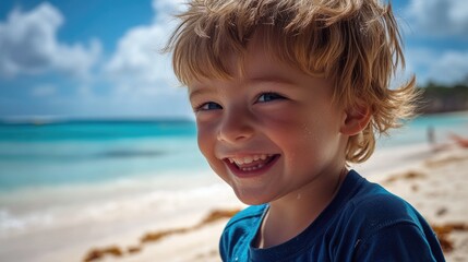 Wall Mural - A young boy with a bright smile on the sunny beach, perfect for summer or vacation themes