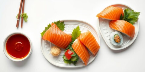 Wall Mural - Fresh sushi rolls with salmon slices on a clean white background, presentation, sashimi