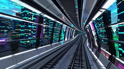 Poster - Experience a futuristic train journey through a neon cityscape at night