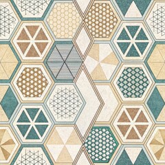 Wall Mural - Abstract Geometric Hexagon Tile Pattern Background Beige Teal Design Seamless Texture