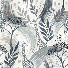 Wall Mural - Stylish Giraffe and Flora Seamless Pattern Elegant Gray Tones Abstract Swirls Nature Inspired