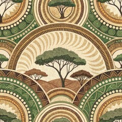 Wall Mural - Seamless African Savanna Pattern Tribal Art Acacia Trees Geometric Design Ethnic Background