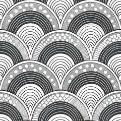 Wall Mural - Abstract Black and White Seamless Pattern Geometric Scallop Design Intricate Line Art Modern Texture