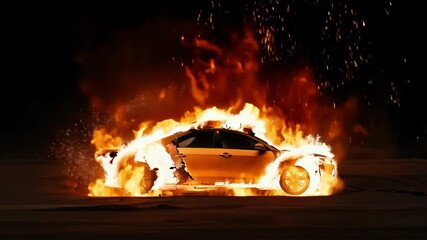 Wall Mural - car engulfed in flames during an explosive night scene, showcasing intense motion and dramatic visua