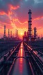 © 2April - Oil refinery industrial pipelines at sunset with red sky and sun, energy production.