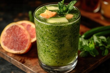 Poster - A refreshing drink and healthy snack setup with a glass of green smoothie and sliced grapefruit