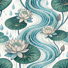 Wall Mural - Serene Water Lily Blooms Flowing Stream Elegant Teal and Gold Botanical Illustration