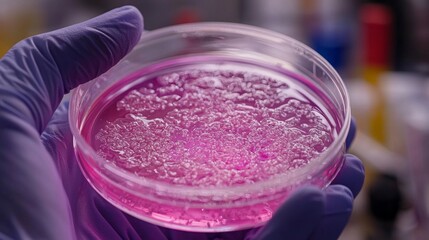 Wall Mural - a gloved hand delicately holds a petri dish filled with a bright pink gel, showcasing scientific exp