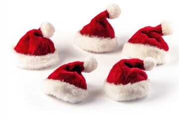 Poster - Red and white Santa hats arranged on a white surface, perfect for holiday decorations or illustrations