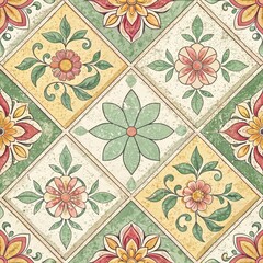 Wall Mural - Vintage Floral Tile Pattern Seamless Repeating Design Elegant Flower Tiles Distressed Texture