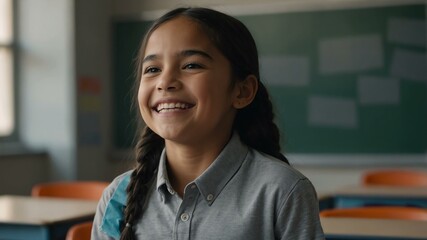 Wall Mural - kid hispanic female in gray shirt on classroom model portrait giggling for ad concept space for text