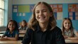 © Alteisen Riese - kid caucasian female in black shirt on classroom model portrait giggling for ad concept space for text