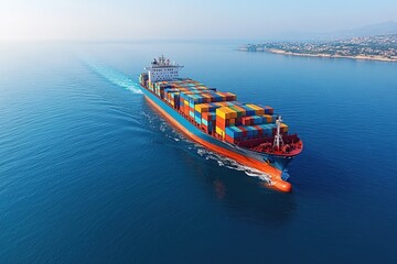 Wall Mural - Large container ship sailing through calm waters with sea vessels in distance