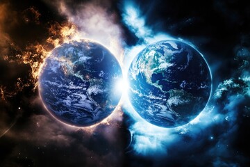 Wall Mural - a pair of planets in the night sky with a bright light emitting from one of them, great for science 