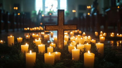 Wall Mural - A Christian cross illuminated by candlelight during a solemn Good Friday service