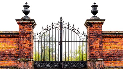 Old wrought iron gate in brick wall with urns