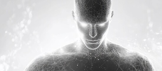 Wall Mural - digital anatomy: a monochromatic depiction of a man's form, composed of interconnected lines and nod