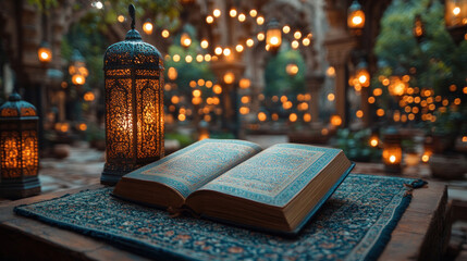 Wall Mural - A decorative Qur'an placed under a canopy of glowing lanterns during Ramadan nights