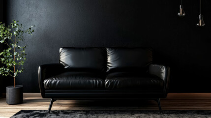 Canvas Print - Moody Black Leather Sofa in a Minimalist Living Room Interior Design