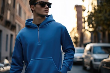 Wall Mural - A person wearing a blue hoodie stands on a busy city street