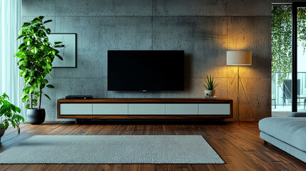 Canvas Print - Modern Living Room Interior Design: Concrete Wall, Wooden Floor, Cozy Atmosphere