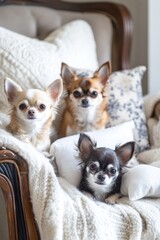 Wall Mural - Three small dogs sitting together on a comfortable couch