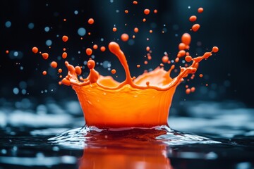 Aufkleber - A vibrant orange splash emerges in a dark setting, surrounded by droplets, creating an energetic and visually stunning abstract artwork with reflective elements.