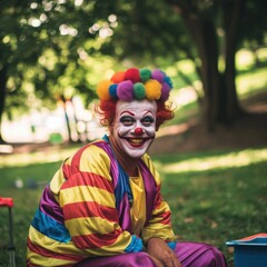 Wall Mural - A clown sits on the ground in a sunny park with green grass and colorful flowers