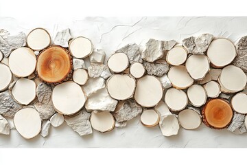 Aufkleber - This image features an artistic arrangement of wood log slices combined with rough-textured elements, creating a unique design suitable for modern decor themes.