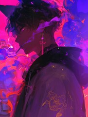 Wall Mural - Anime Boy Smoking in Vibrant Purple and Pink Abstract Background