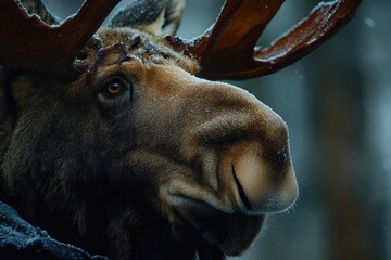 Wall Mural - Close-up shot of a moose's head covered in snow, perfect for winter or outdoor-themed projects