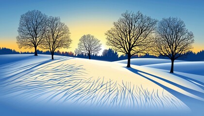 Wall Mural - Winter Sunset Landscape with Bare Trees on Snowy Hills