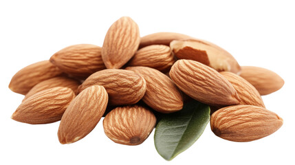 Nuts and seeds display showcasing raw almonds with a green leaf isolated on transparent background