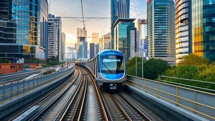 Poster - Modern train travels along elevated tracks in vibrant city, surrounded by skyscrapers and stunning sunset, showcasing urban transportation and contemporary architecture.