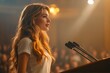 © ChaoticMind - A woman with long hair delivers a speech at the podium, captivating an audience in a warm, inviting room setting. Her confident posture suggests leadership and charisma.