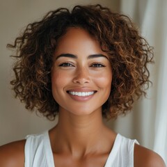 Wall Mural - minimalistic portrait of softly smiling elegant mulatto woman is 40 years old with curly hair on beige background